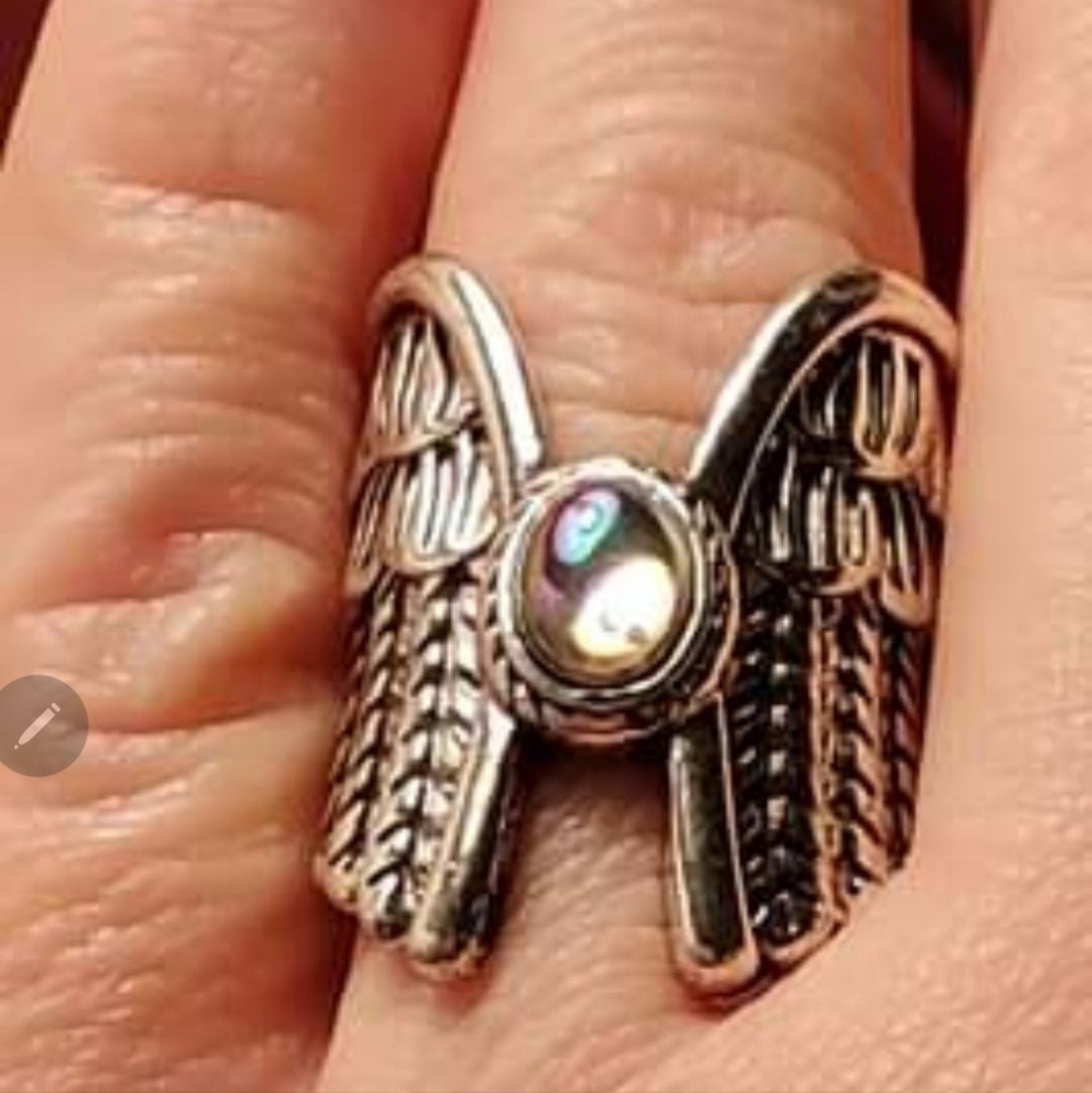 Silver plated angel wings Moonstone ring size 7